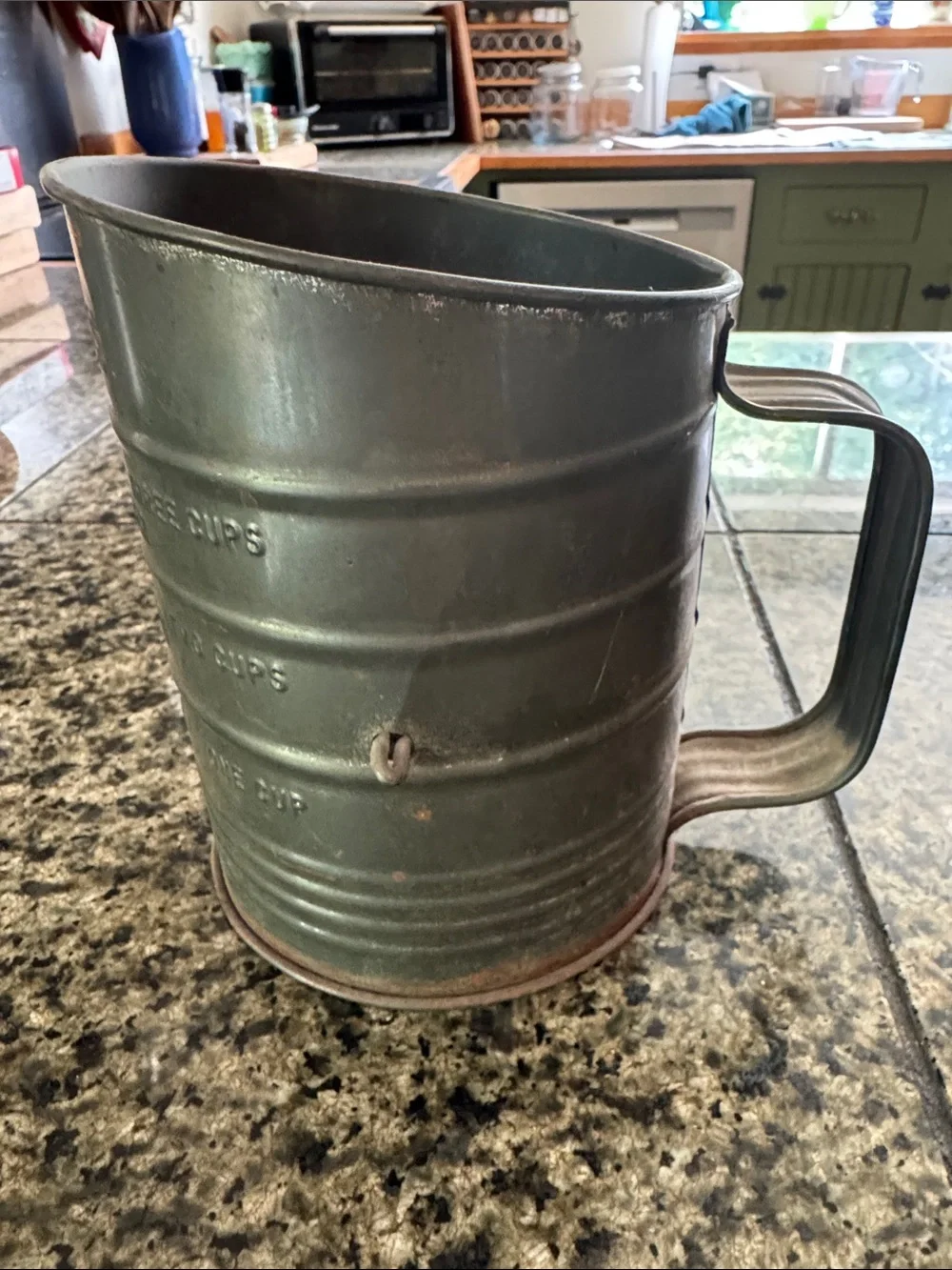Bromwell’s Vintage Flour Sifter Metal with red wooden handle
